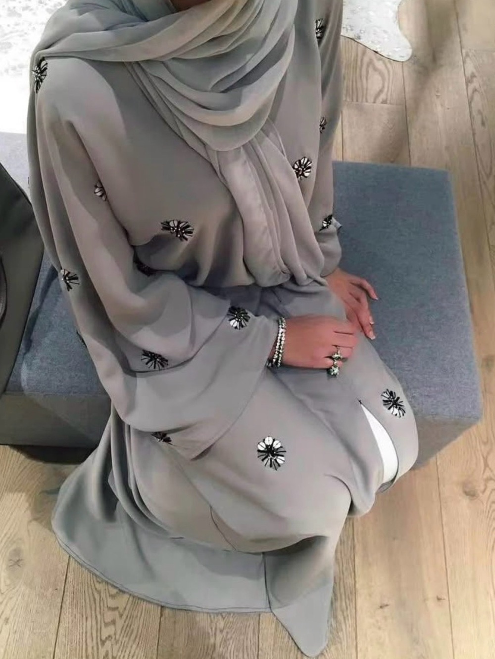 Elegant Gray Embroidered 1 Piece Abaya